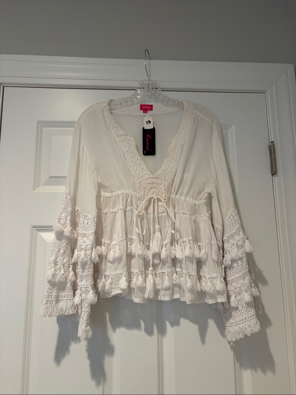 Boho white Crochet-Trim Peasant Tunic Top